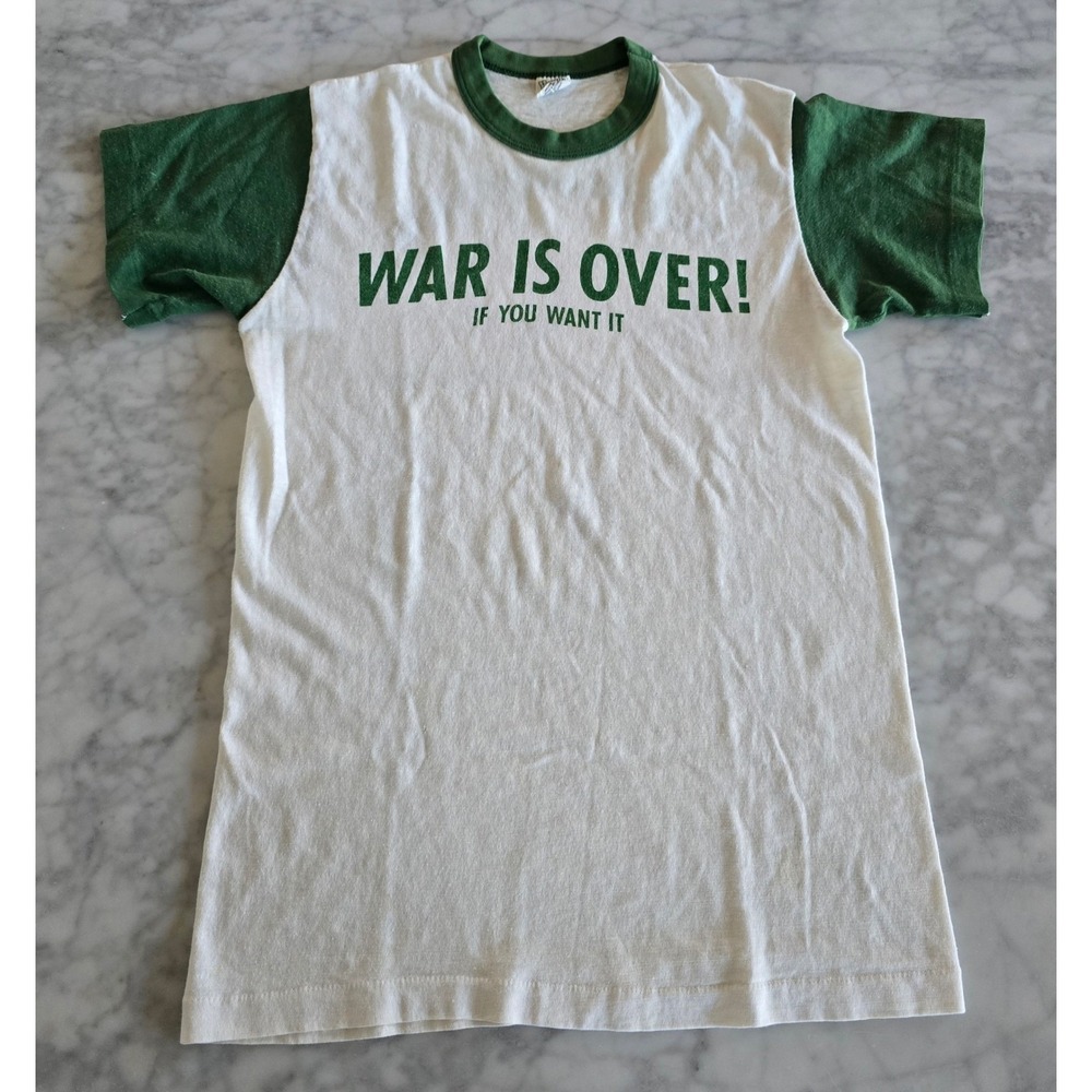 Vintage 70s Hanes John‎ Lennon Yoko Ono War Is Over Ringer T-Shirt Green White S